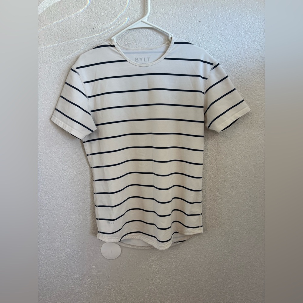 BYLT Drop Cut Shirt Lux Mens Size M Short Sleeve Ivory Navy Stripe